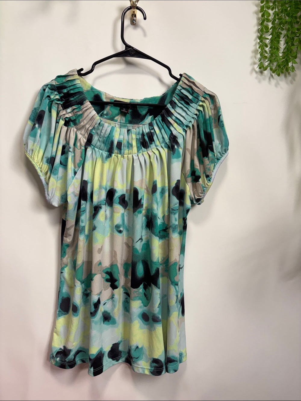 Style & Co. Teal Multi Pleated Scoop-Neck Floral Blouse